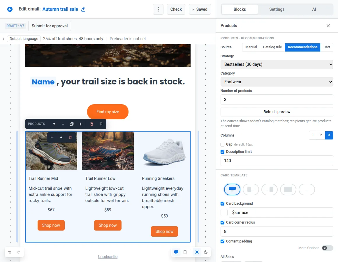 product grid email design with recommendations in Pushwoosh