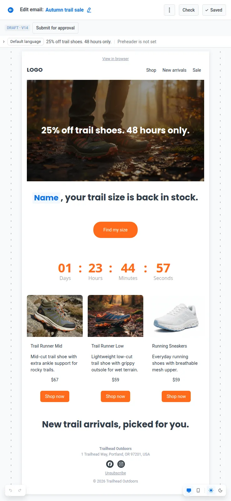 email design best practices applied to a promotional email in the Pushwoosh drag-and-drop email builder