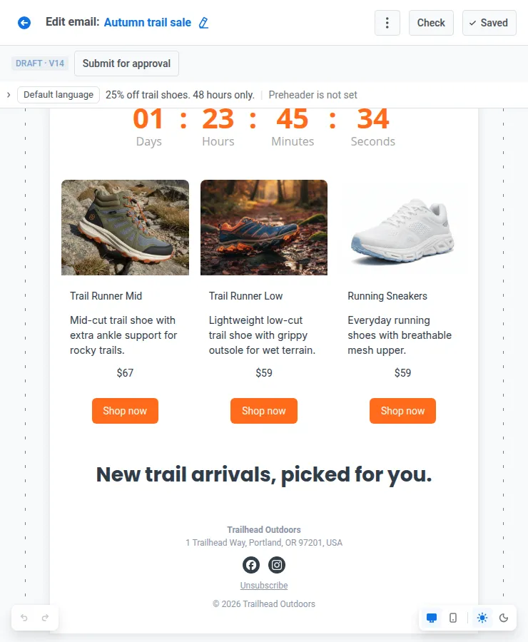 reusable email footer design with synced blocks in Pushwoosh