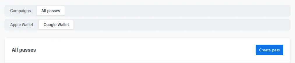 The Google Wallet tab under All passes in the Pushwoosh Control Panel with the Create pass button