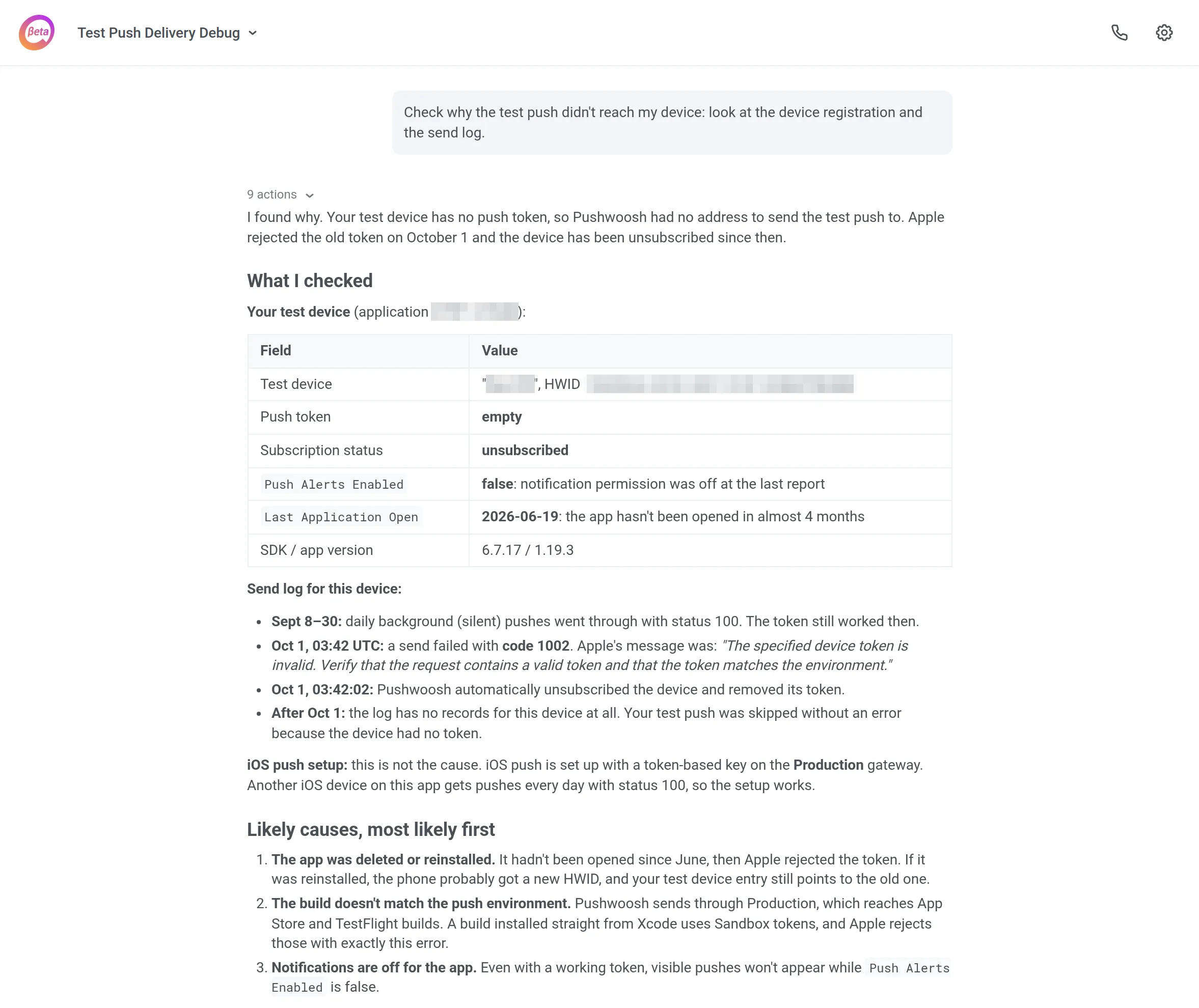 ManyMoney diagnoses why a test push didn't reach the device