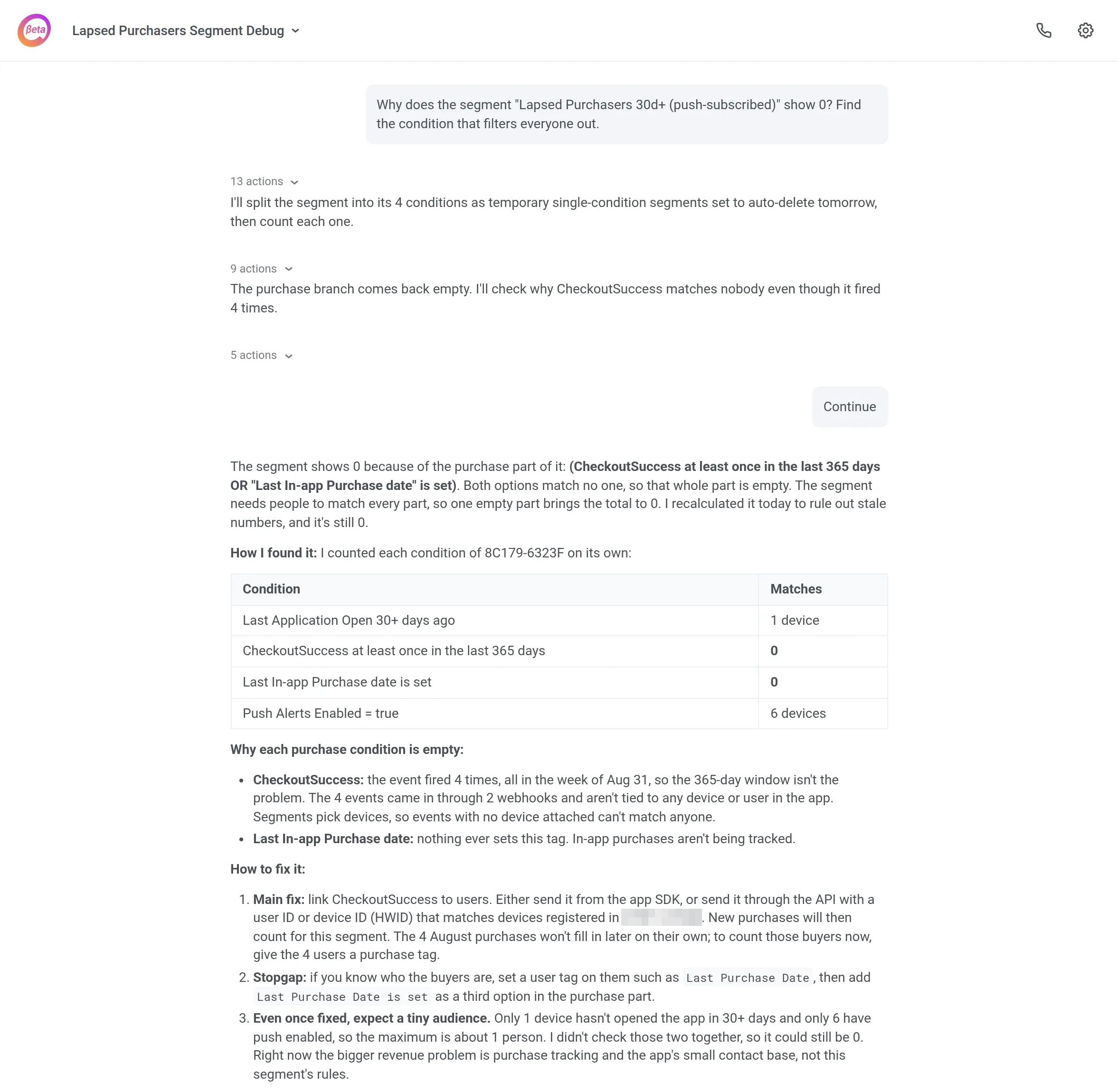 ManyMoney finds the condition that makes a segment show zero users