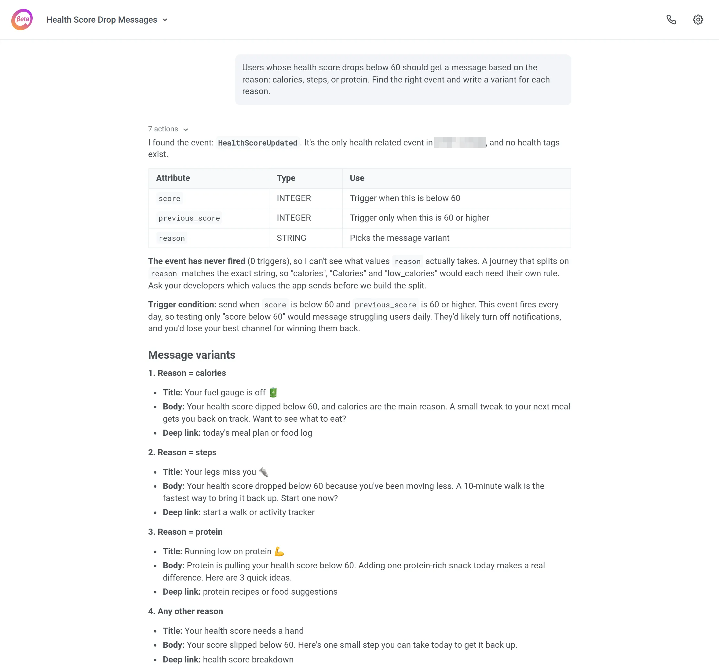 ManyMoney writes message variants for each reason the health score drops