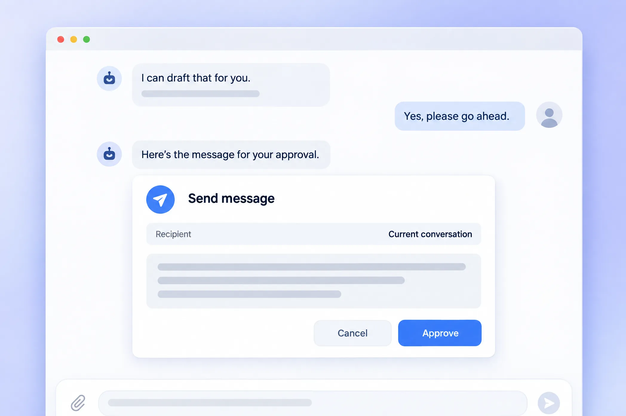 AI assistant chat with a Send message decision card and Approve and Cancel buttons