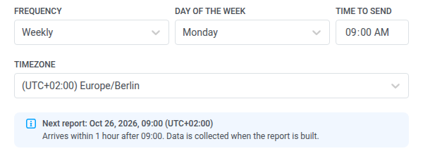 Auto-report schedule in Pushwoosh set to weekly on Monday at 09:00 in the Europe/Berlin time zone