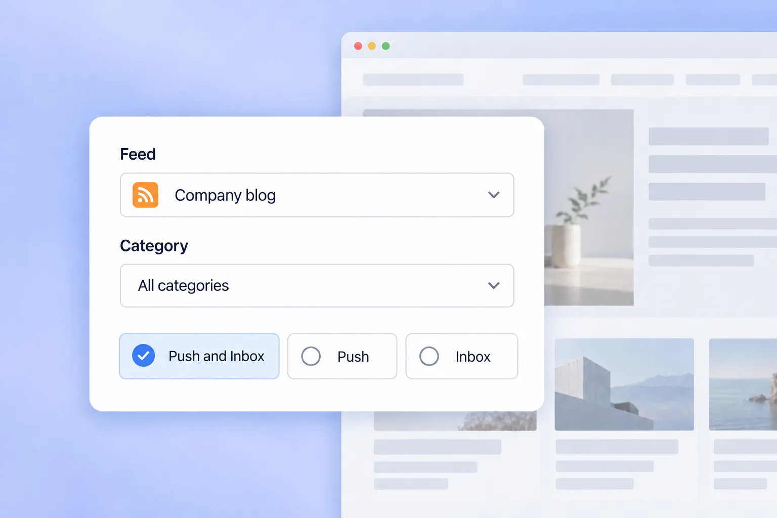 إعدادات حملة خلاصة في Pushwoosh مع خلاصة وفئة وقناة Push and Inbox محدّدة