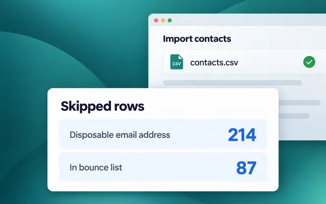 Contact import report in Pushwoosh showing skipped rows for disposable email addresses and addresses in the bounce list