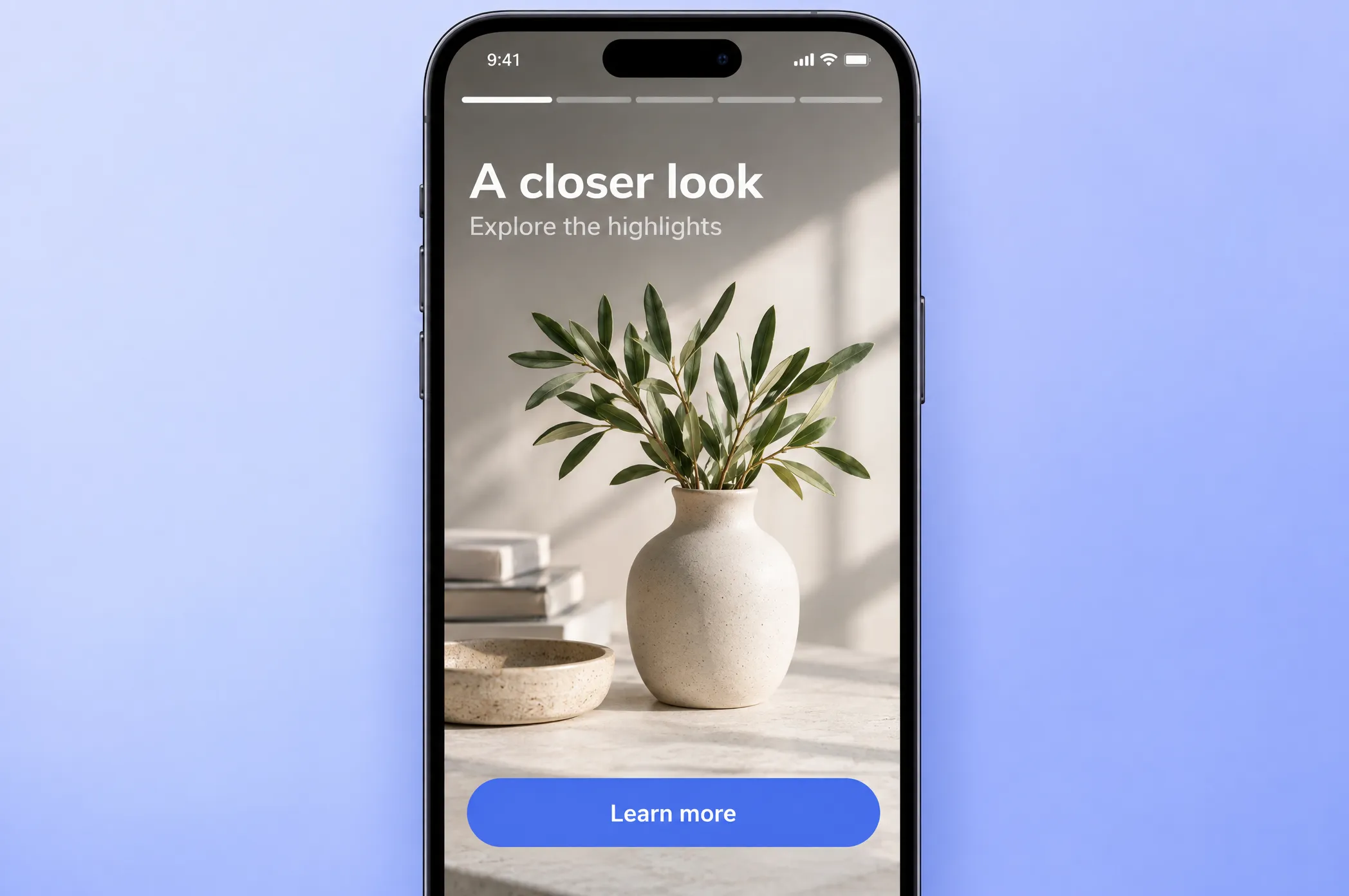 iOS push stories opened full-screen on an iPhone, with a progress bar, title, subtitle, and a Learn more button