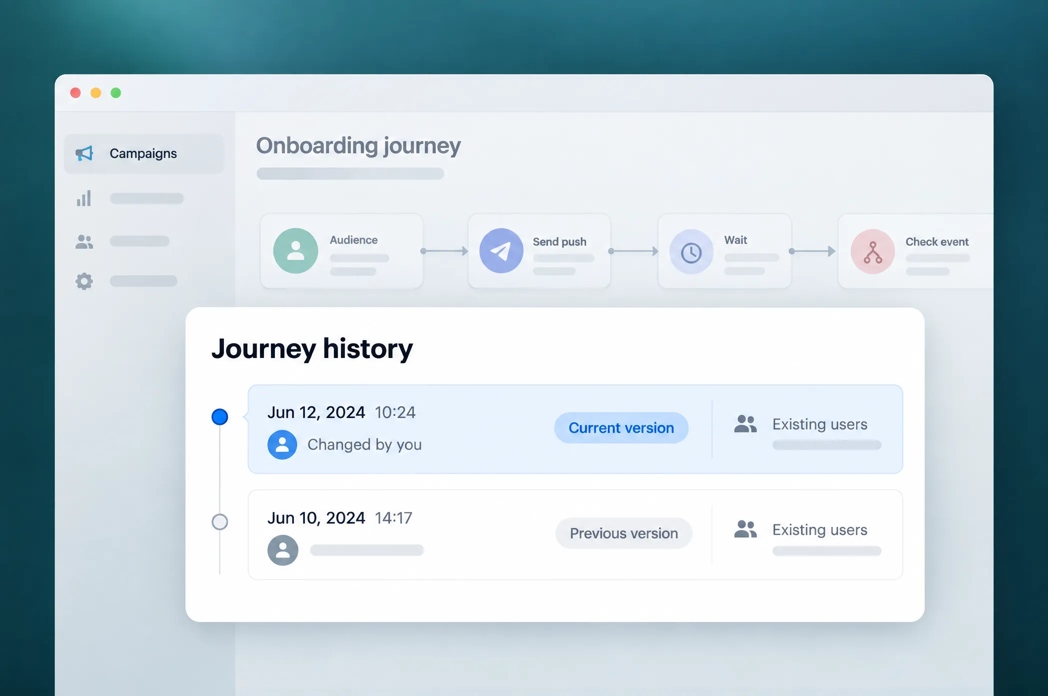 Journey history panel over an onboarding journey, showing the current version and a previous version with their users