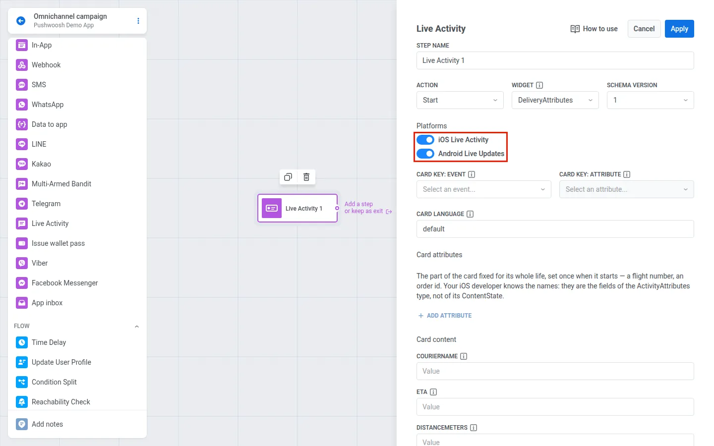 Live Activity element settings on the journey canvas with iOS Live Activity and Android Live Updates platform toggles