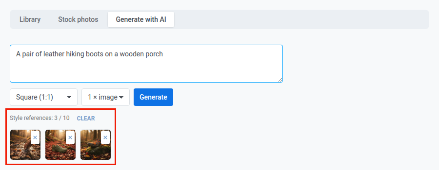 تبويب Generate with AI في Media storage في Pushwoosh مع وصف نصي و3 صور مرجعية للأسلوب