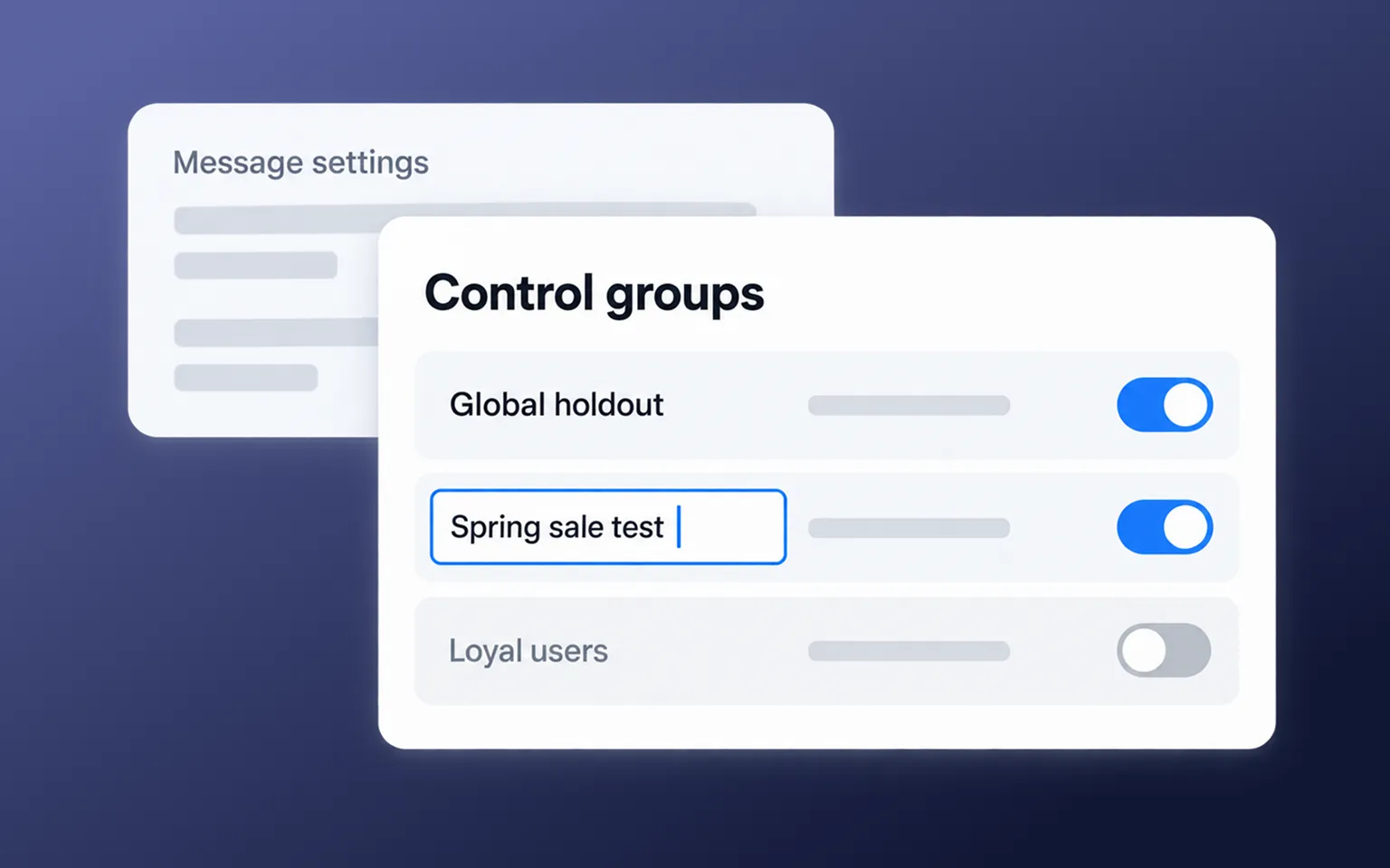 Control groups list in Pushwoosh with several named groups and on/off toggles