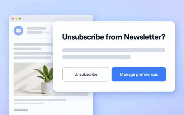 Unsubscribe confirmation page with Unsubscribe and Manage preferences buttons