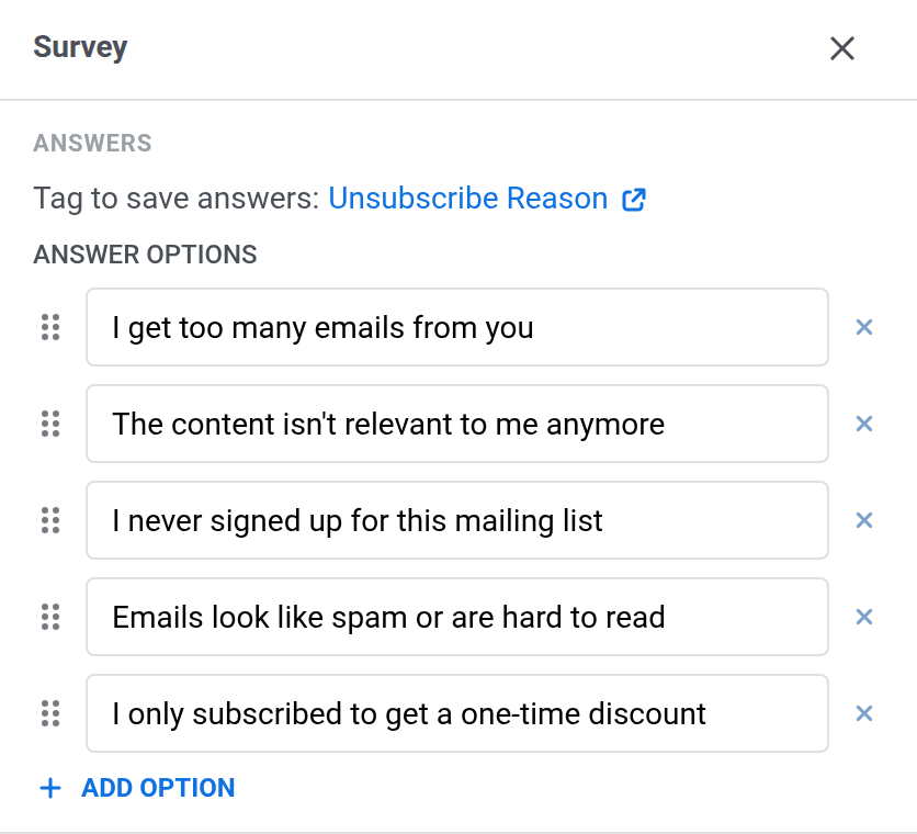 Unsubscribe survey settings in Pushwoosh with answer options saved to the Unsubscribe Reason tag