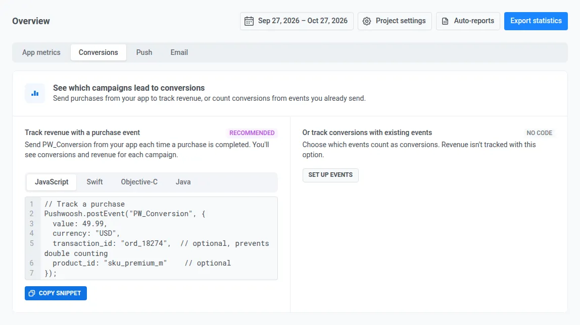 Setting up conversion events on the Conversions tab in Pushwoosh