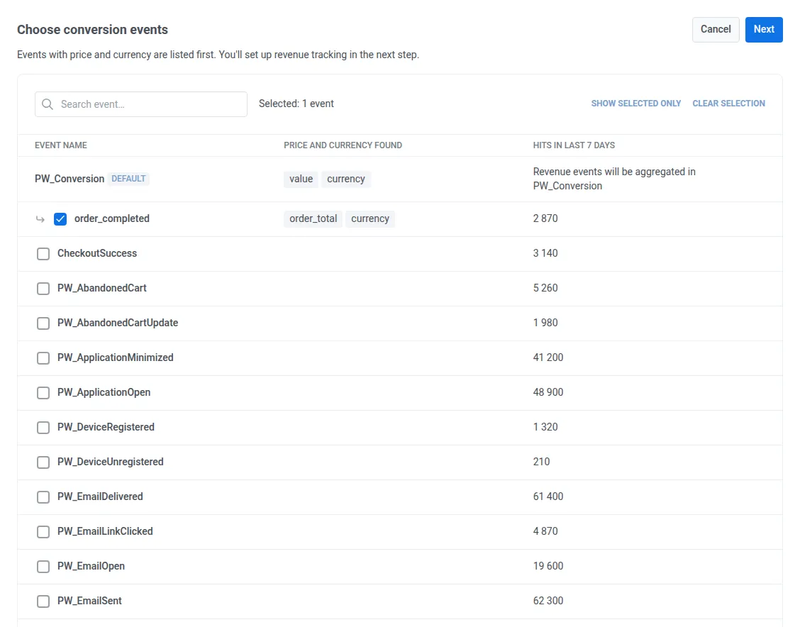 Choosing a purchase event as a conversion event in Pushwoosh