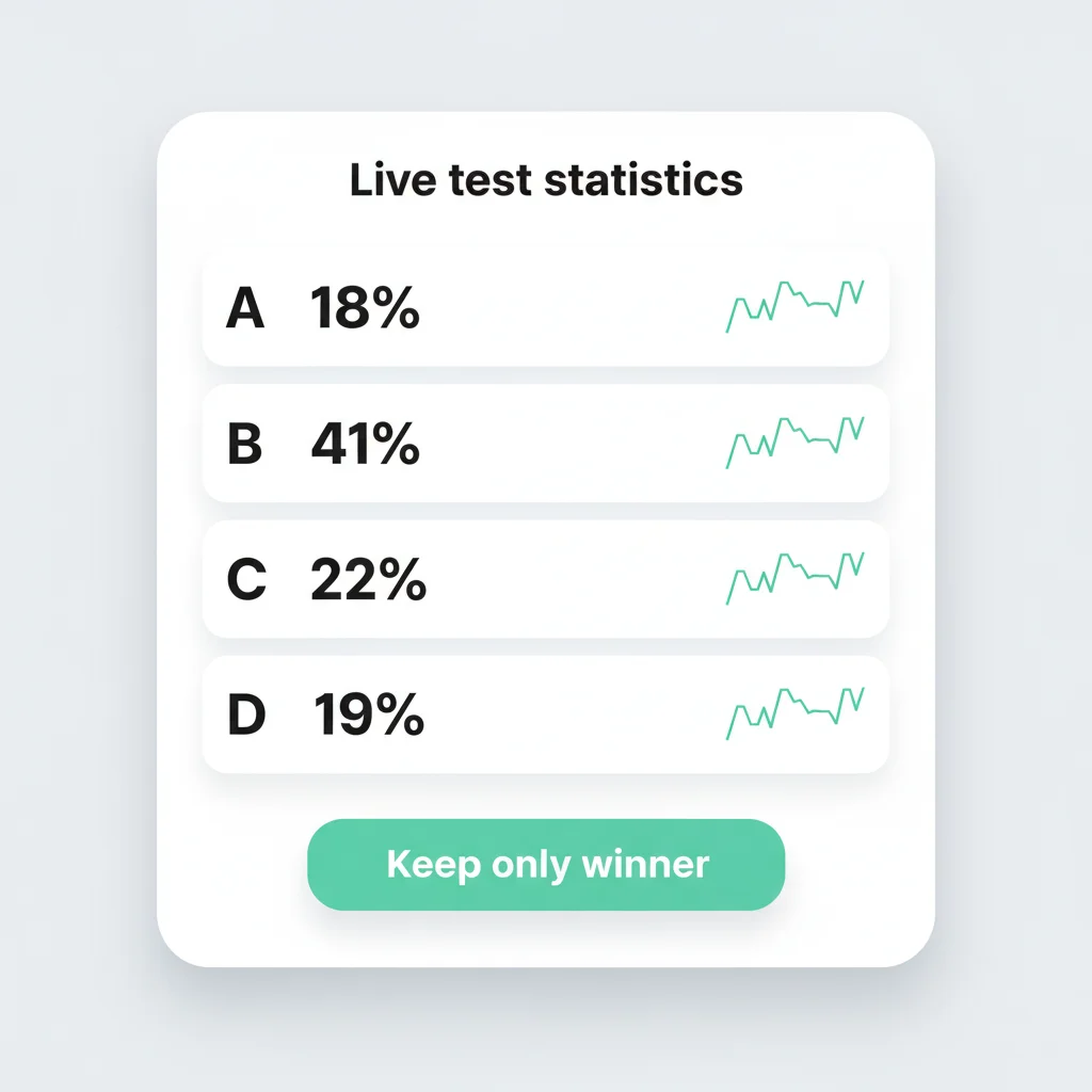 بطاقة إحصاءات اختبار حية بمعدلات تحويل لكل فرع ورسوم بيانية مصغّرة للفروع من A إلى D، فوق زر «الاحتفاظ بالفائز فقط»