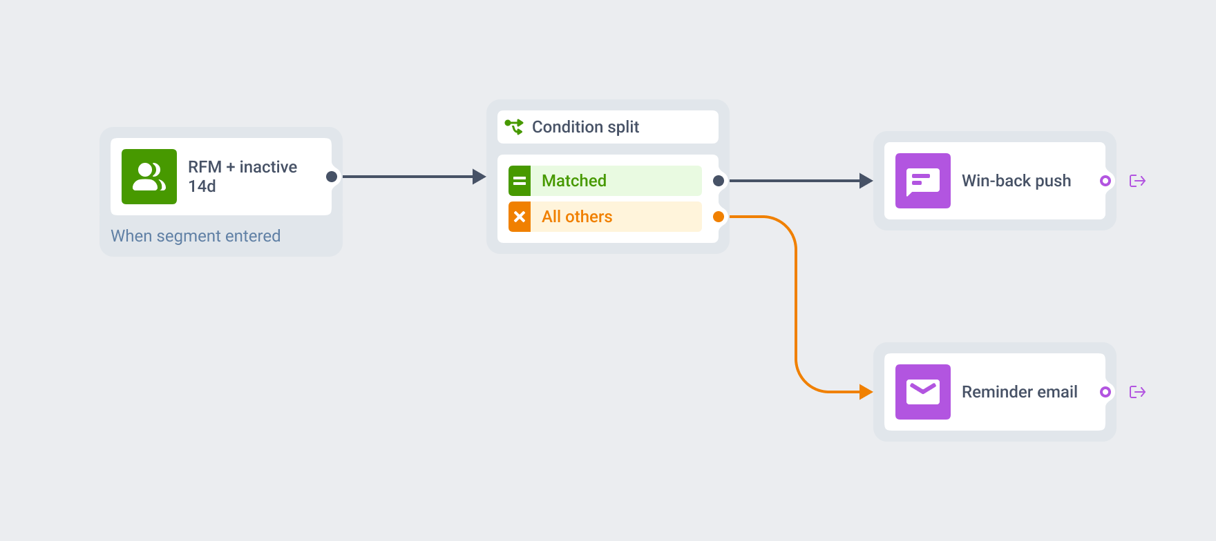 Journey canvas showing an RFM and inactivity segment feeding a Condition split node, with the matched branch going to a win-back push and the unmatched branch to a reminder email