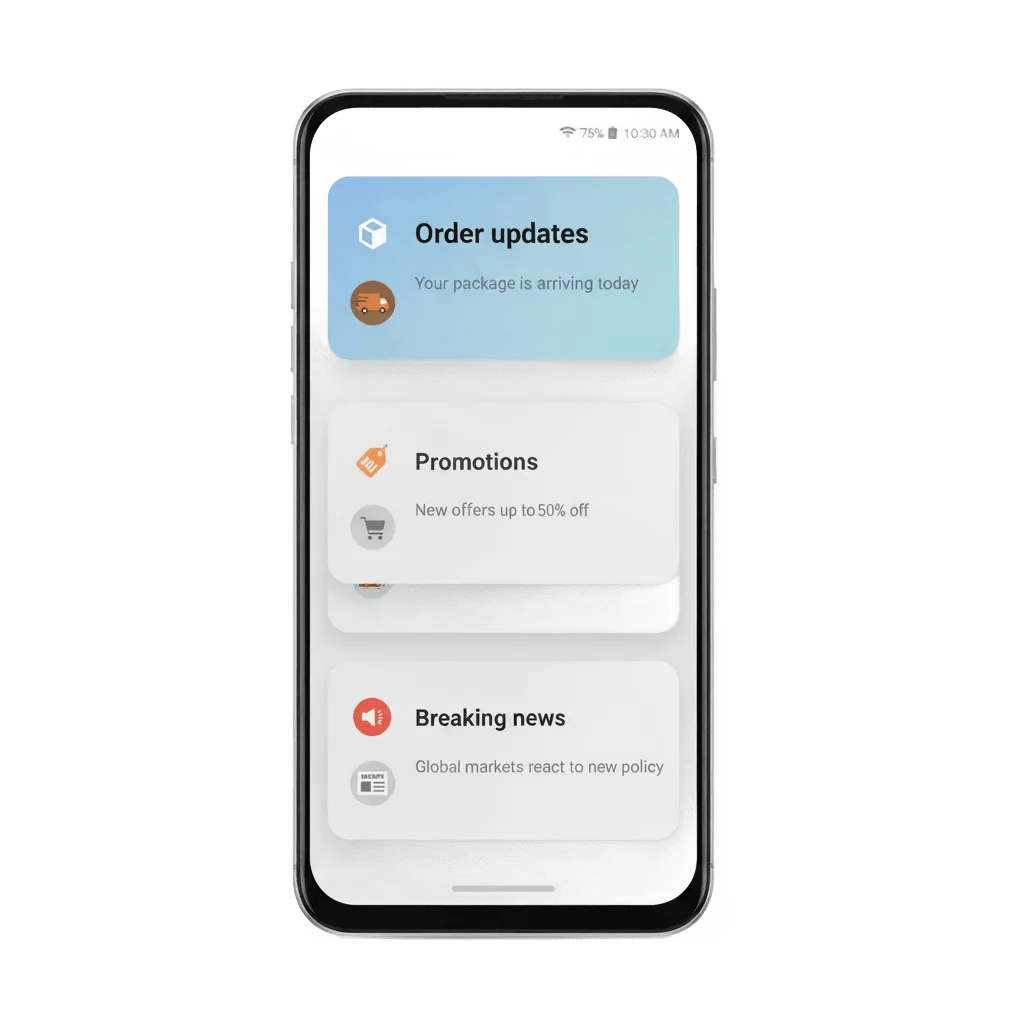 An Android phone shown front-on, its notification shade holding three separate channel categories: a prominent heads-up Order updates alert, a quiet dimmed Promotions notification and a Breaking news alert with its own sound icon