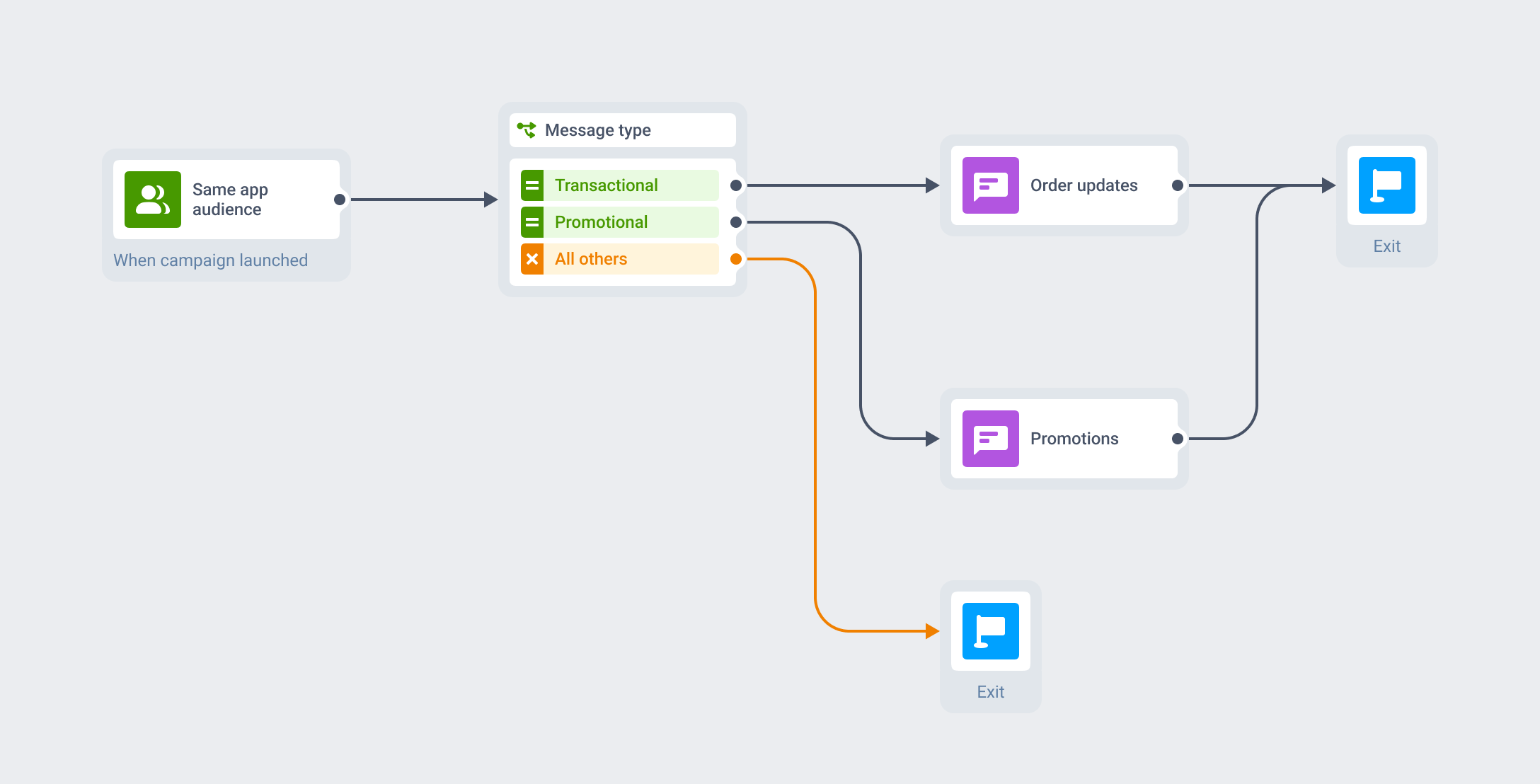 Diagram: one Customer Journey and one customer profile fanning out into a transactional branch naming the Order updates channel and a promotional branch naming the Promotions channel, both running from the same audience