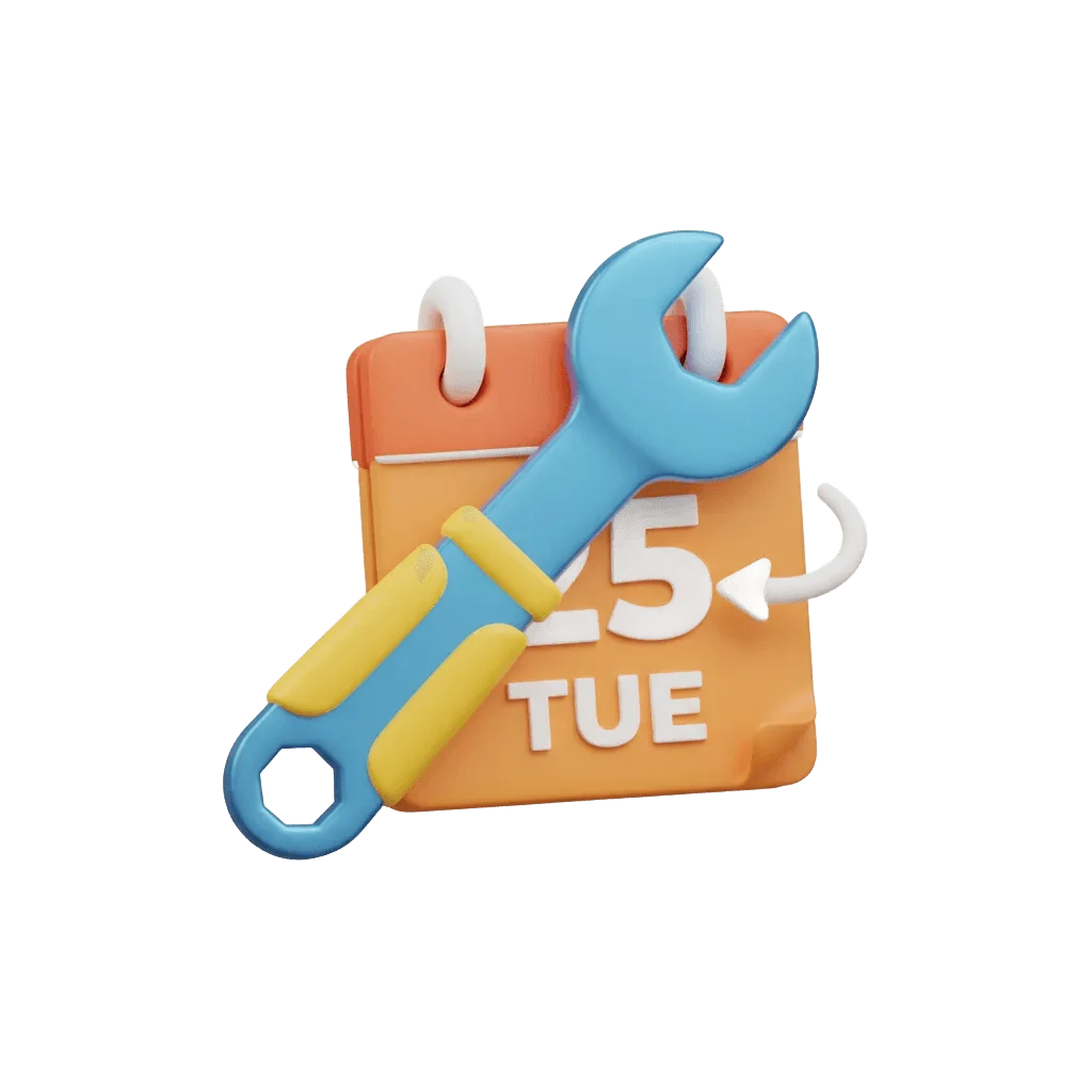 3D wrench crossed with calendar for automated service reminders