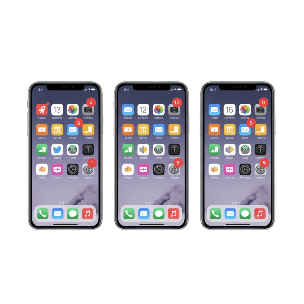 Three iPhone home screens side by side, each with several app icons carrying a red unread-count badge in the corner and the rest of the icons carrying no badge at all