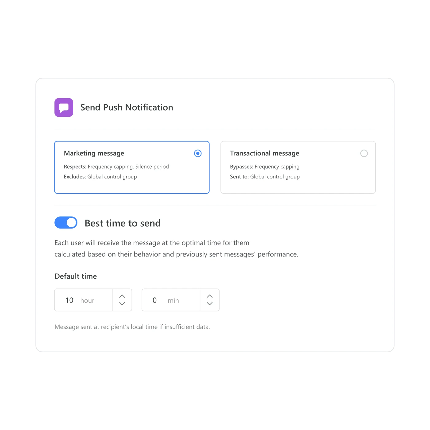 Customer Journey push step settings panel with the Best time to send toggle switched on, a Default time field set to 10 hours 0 minutes, and a note that the message goes out at the recipient's local time when there isn't enough data