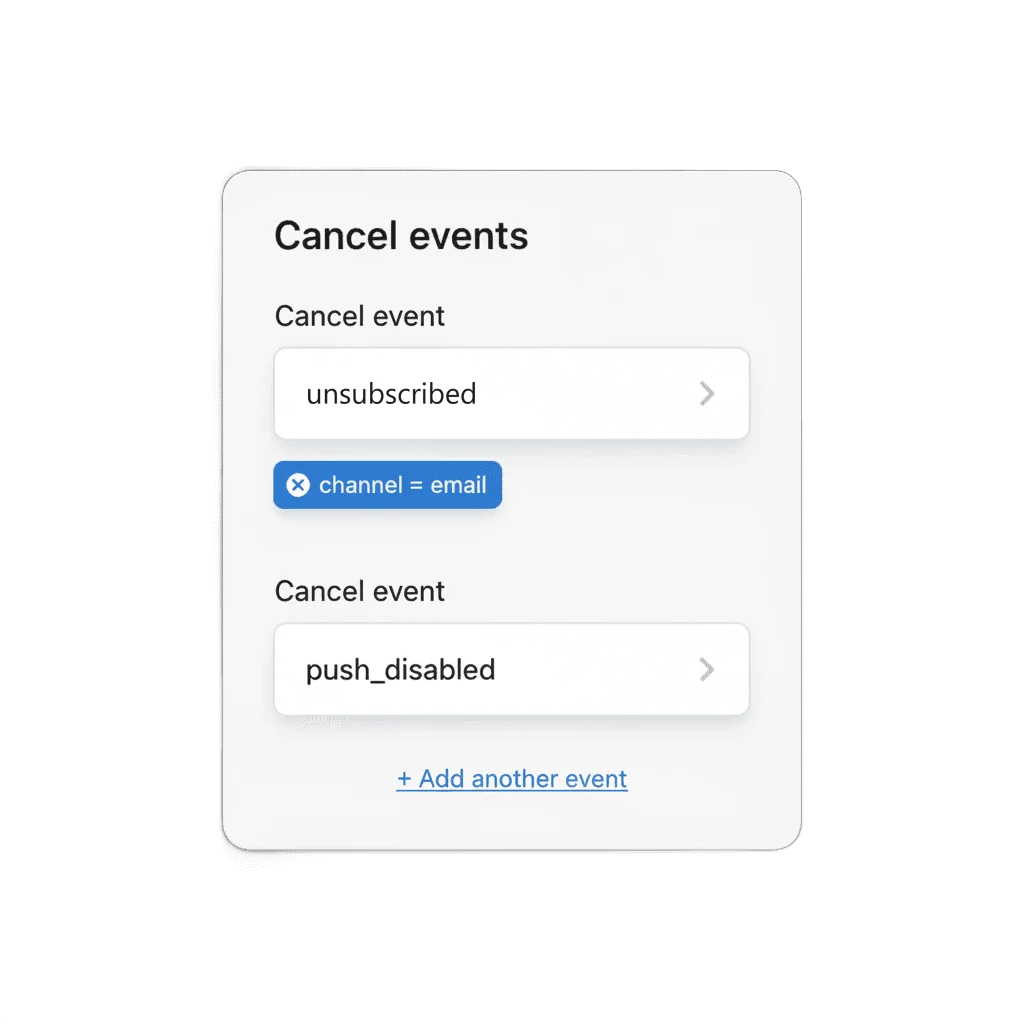 Cancel events कॉन्फ़िगरेशन पैनल जिसमें unsubscribed को इवेंट के रूप में चुना गया है, इसे नैरो करता एक attribute कंडीशन है, और push_disabled को दूसरे cancel event के रूप में जोड़ा गया है
