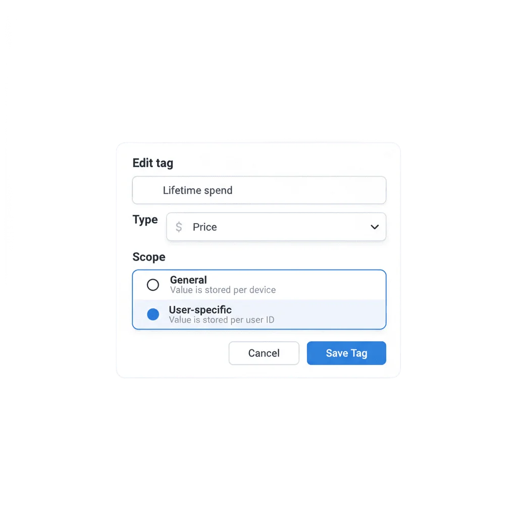 Tag settings panel showing a Price-type tag named Lifetime spend with scope set to User-specific