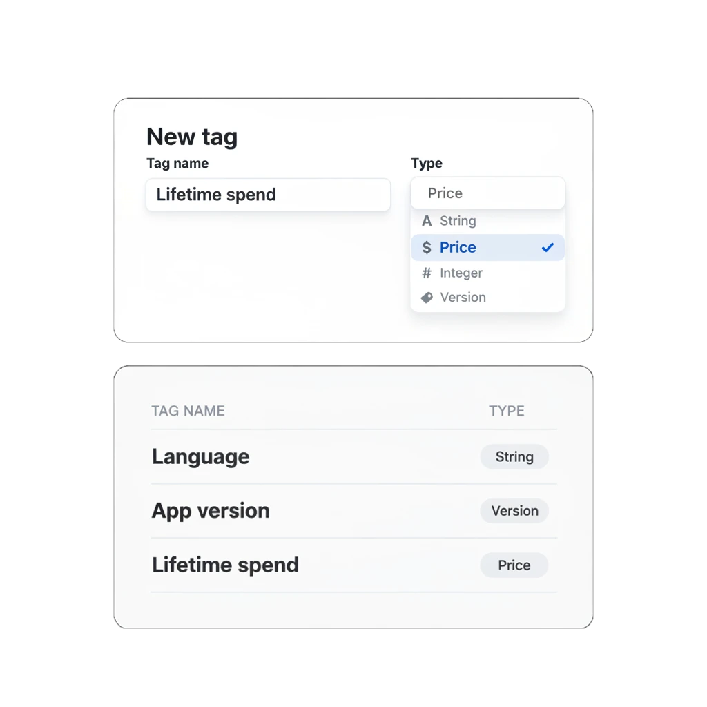 Control Panel tag creation panel with a type picker open, showing String, Integer, Price, and Version options next to a list of existing tags