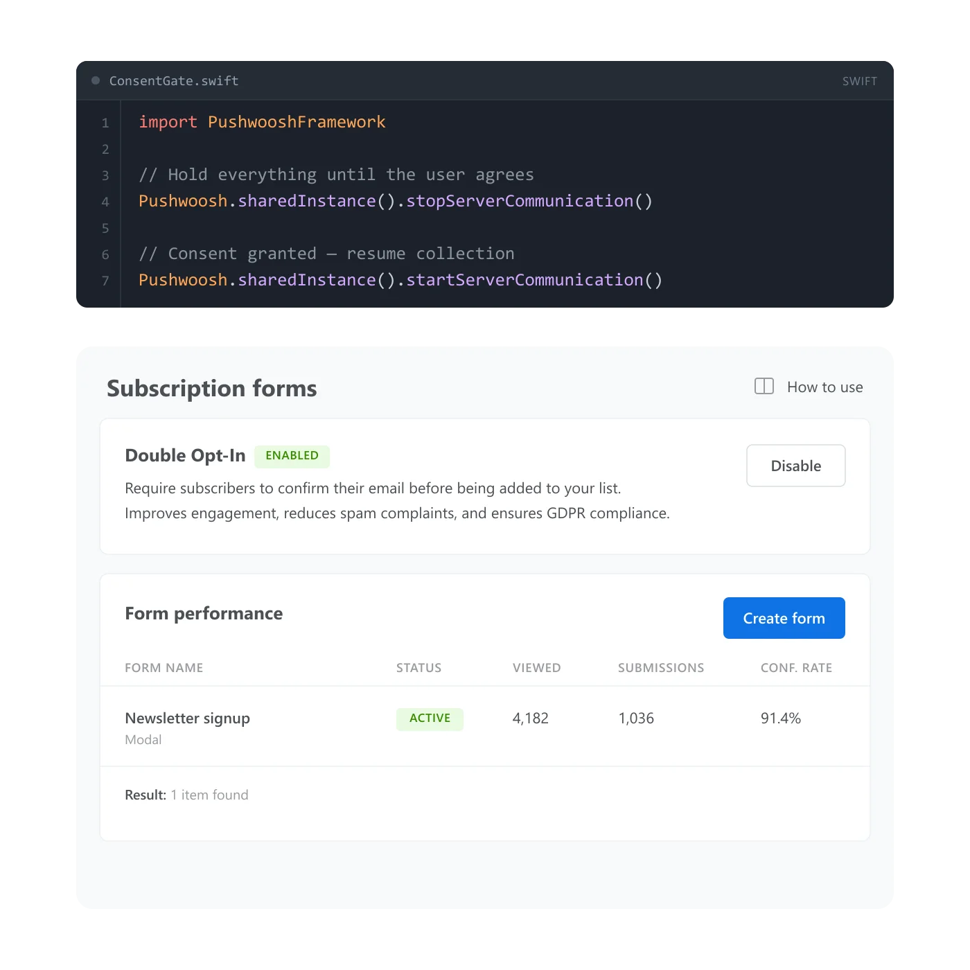 iOS SDK code calling stopServerCommunication and startServerCommunication above the Subscription forms page with double opt-in enabled