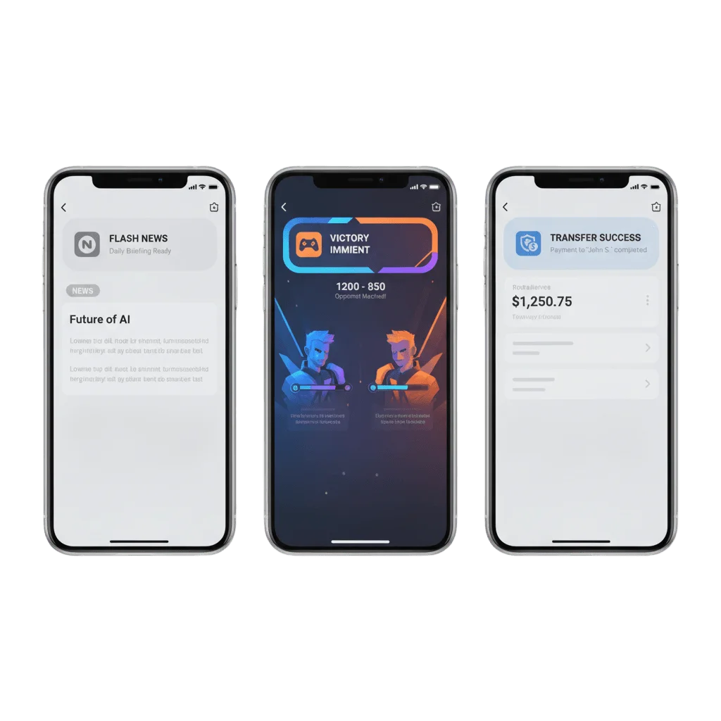 Three iPhone screens face on, side by side, inside different apps: a news app with a branded Liquid Glass banner over an article, a game with an art-matched banner over the match screen, and a banking app with a confirmation banner over the transfer screen