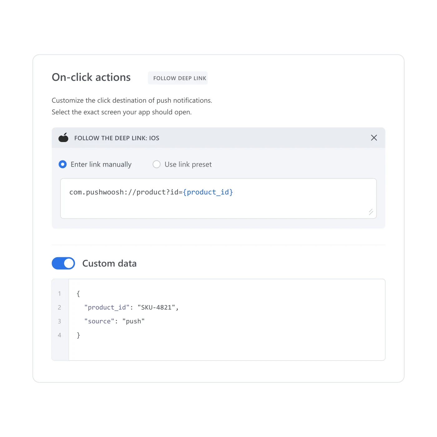 Message preset On-click actions panel set to follow a deep link, with the URI template com.pushwoosh://product?id={product_id} entered manually and Custom data toggled on below it, holding a short JSON object