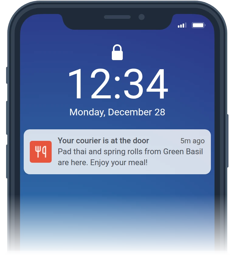 Food delivery order journey with Live Activity and courier alert in Pushwoosh