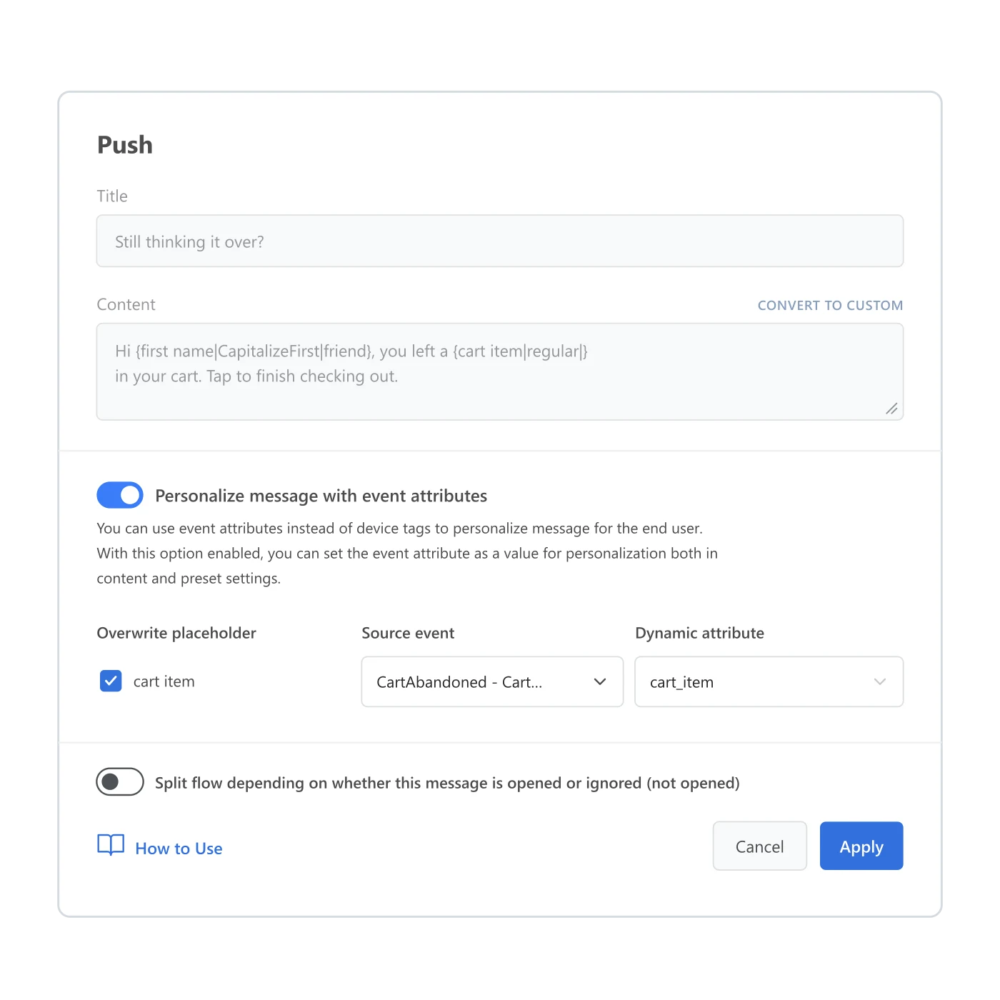 Customer Journey push element settings with the 'Personalize message with event attributes' toggle on, populating the cart item placeholder with the cart_item attribute of the CartAbandoned event