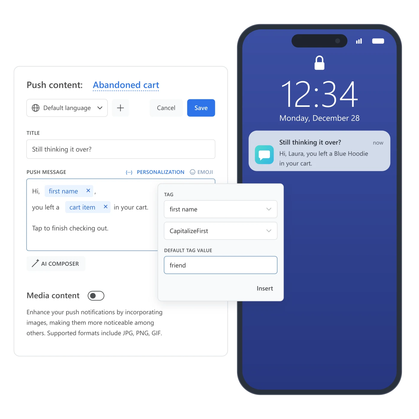 Push content editor with the Personalization picker open over the message field, first name and cart item tags inserted as placeholders, and a lock-screen preview reading 'Hi, Laura, you left a Blue Hoodie in your cart.'
