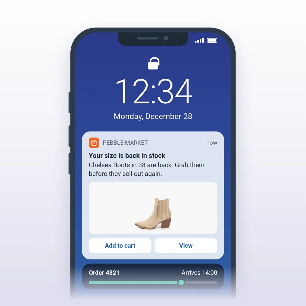 Back-in-stock push with a product image and Add to cart button, above a delivery Live Activity on an iPhone lock screen