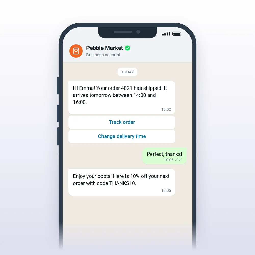 WhatsApp chat where an online store shares a shipping update with Track order and Change delivery time buttons