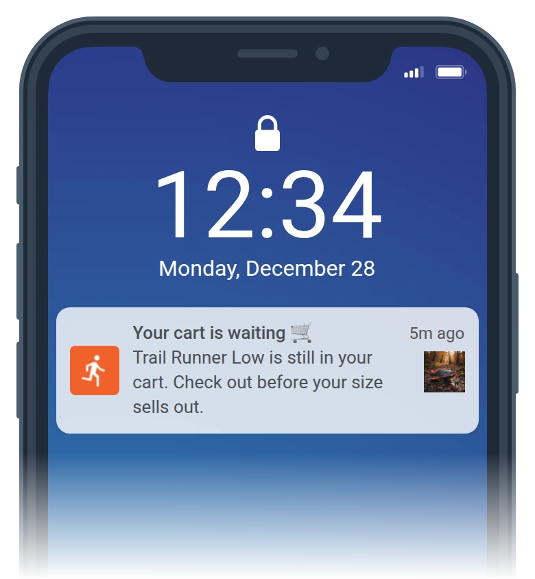 Cart abandonment push from an online store on an iPhone lock screen