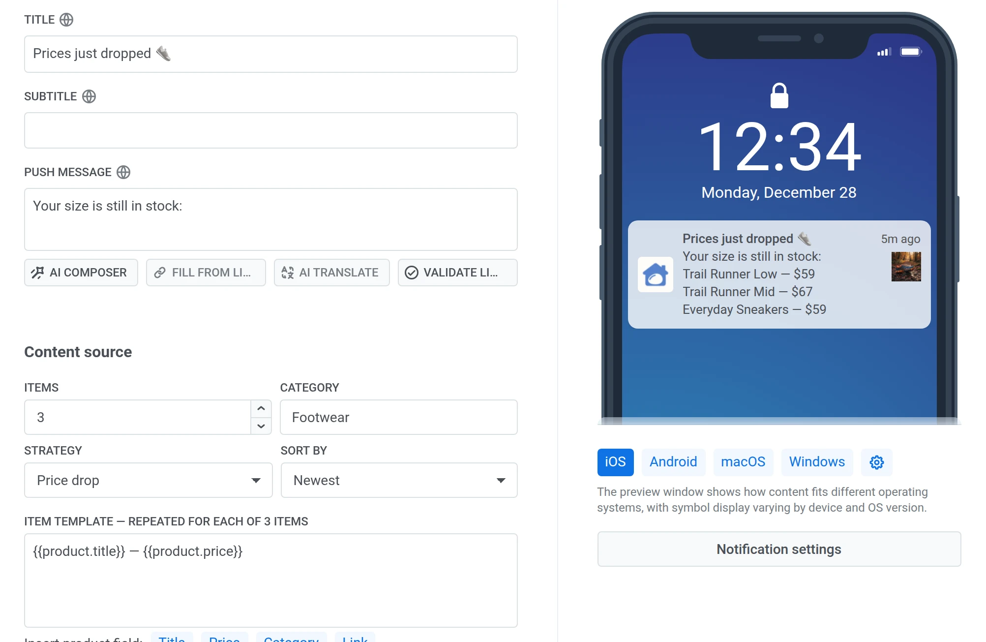 Product catalog data inside a push and email