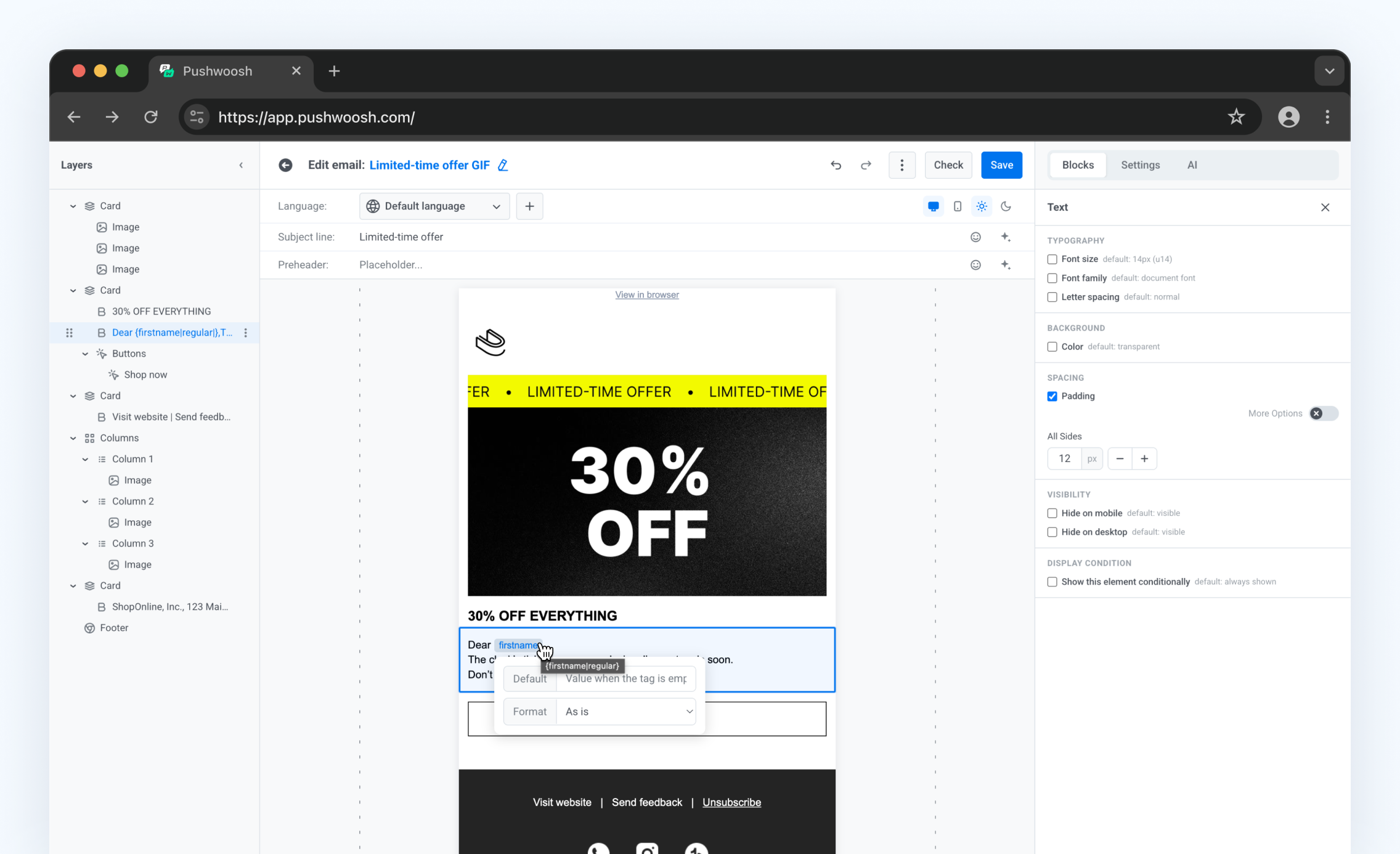 Pushwoosh email editor with a firstname merge tag selected and its fallback value and format settings open