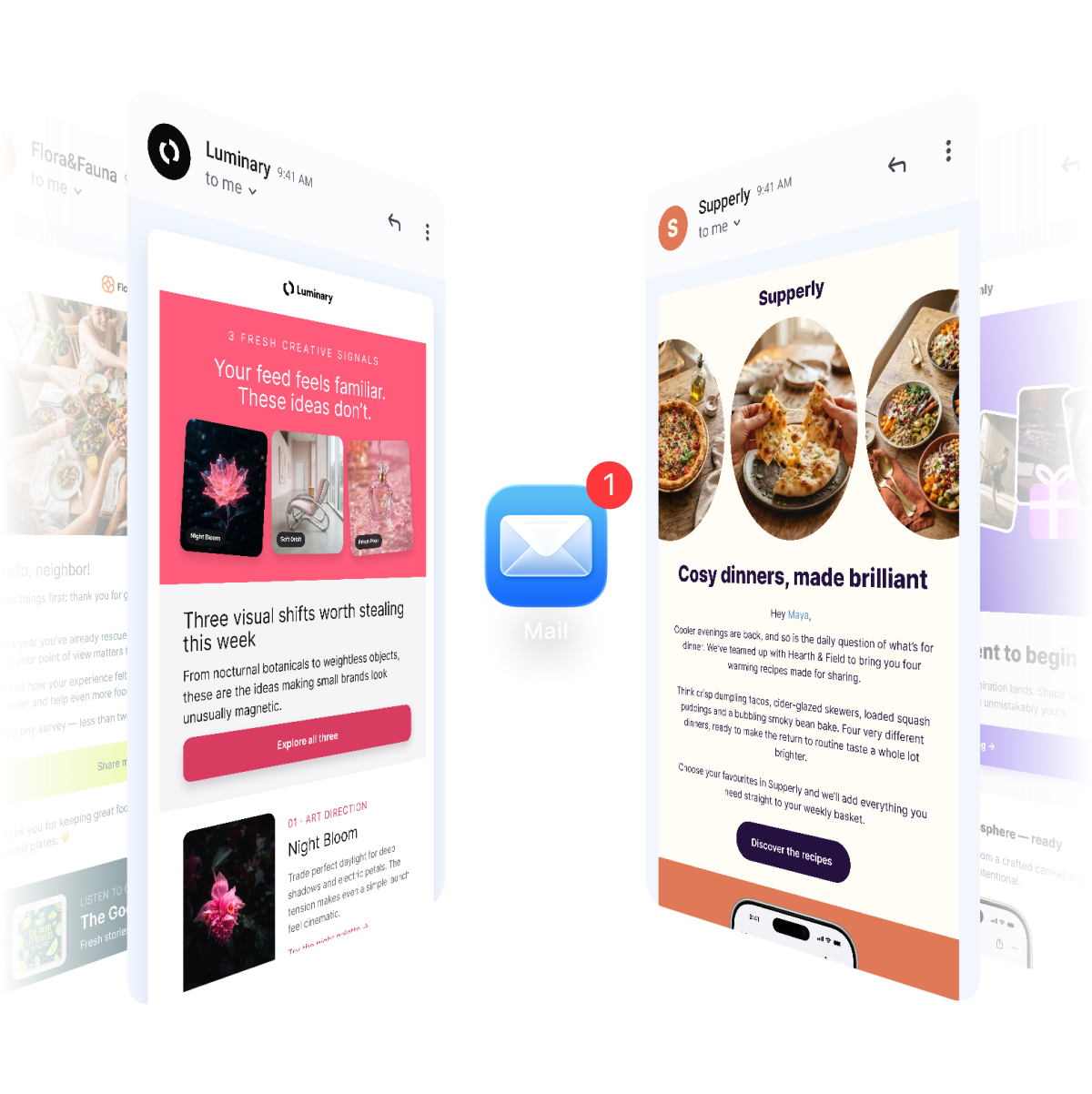 Six email designs built with Pushwoosh — newsletters, surveys and promos — fanned around a mail app icon with one unread message