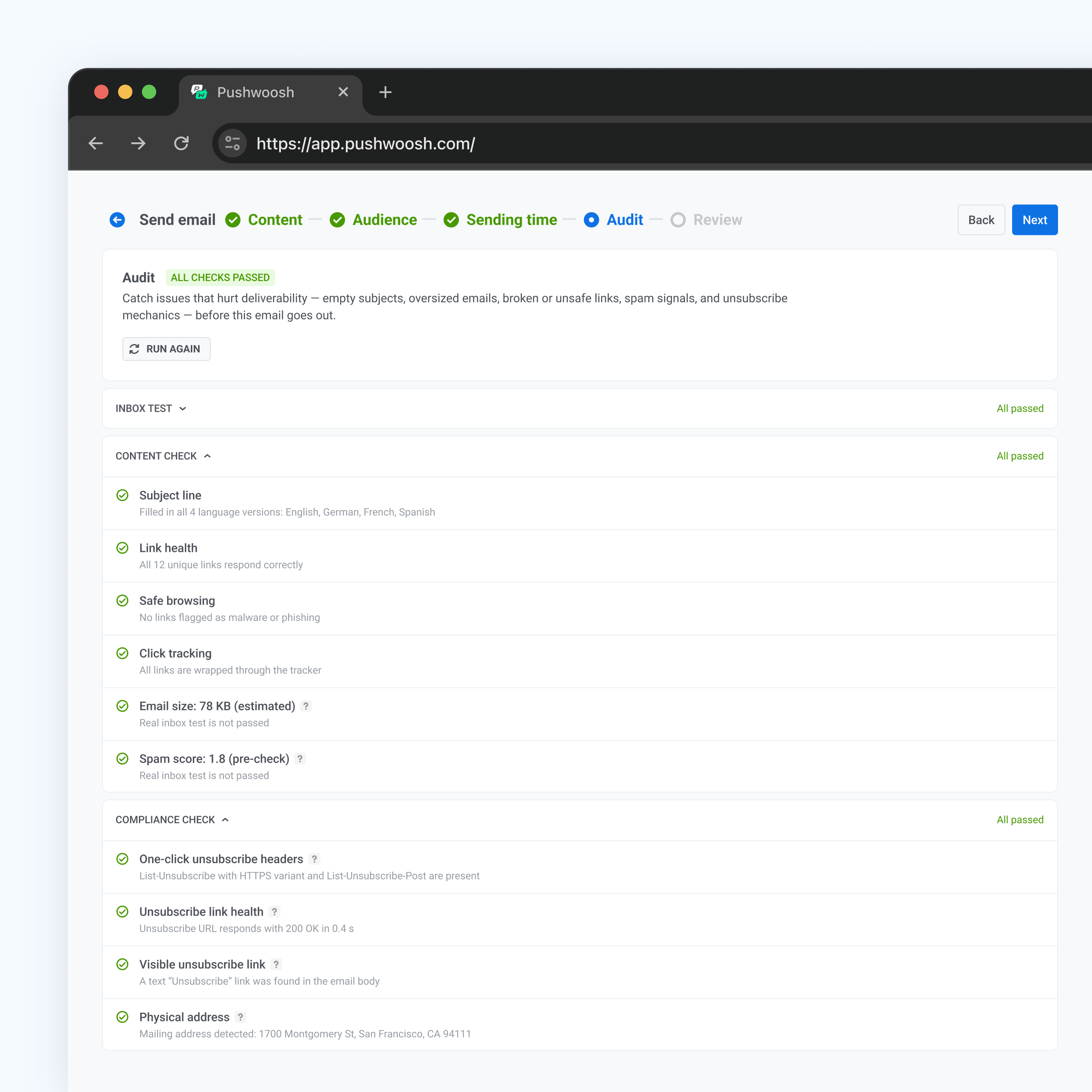Deliverability and compliance check report with content and compliance rows