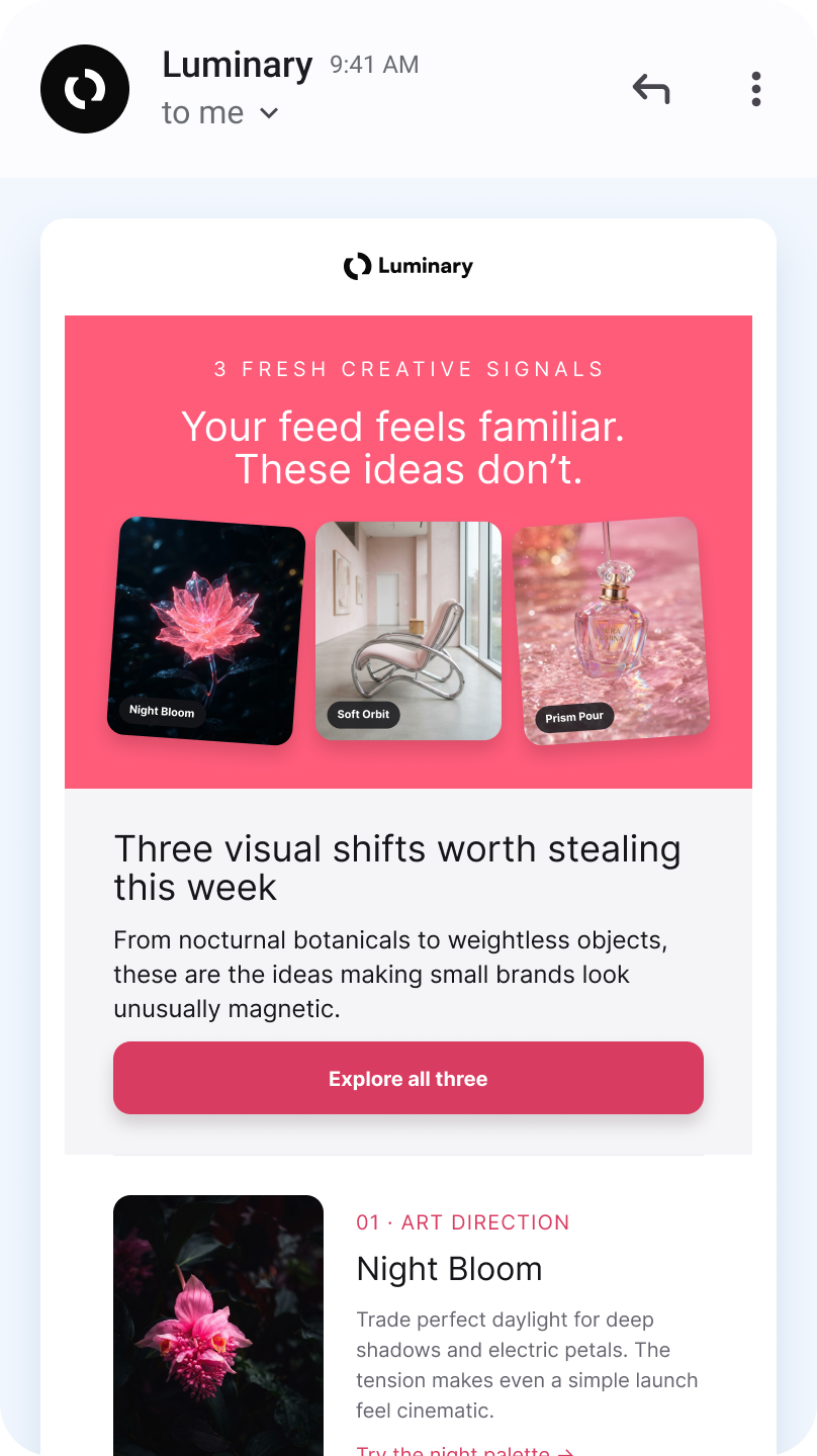 Curated newsletter with three visual trend cards and an explore CTA
