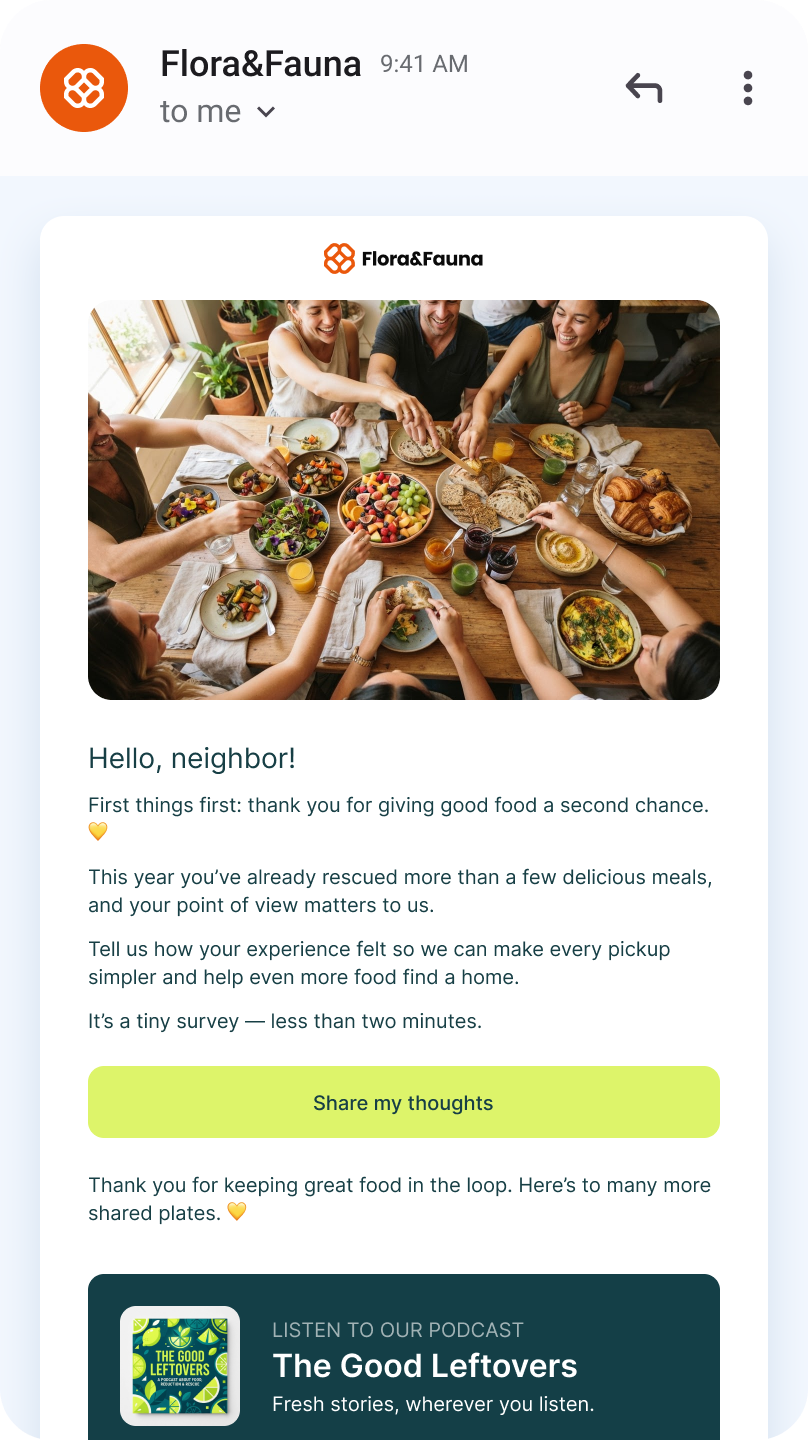 Feedback survey email from a food-sharing service with a shared-table photo and a share-your-thoughts CTA