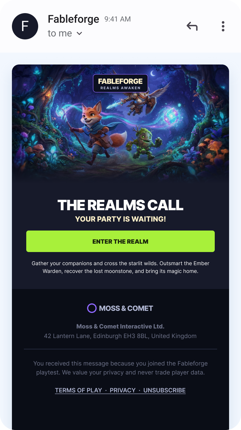 Dark-themed game re-engagement email with a compliant footer and unsubscribe links