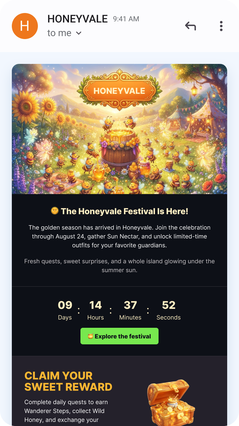 Game festival announcement email with illustrated hero art, a countdown timer and a rewards section