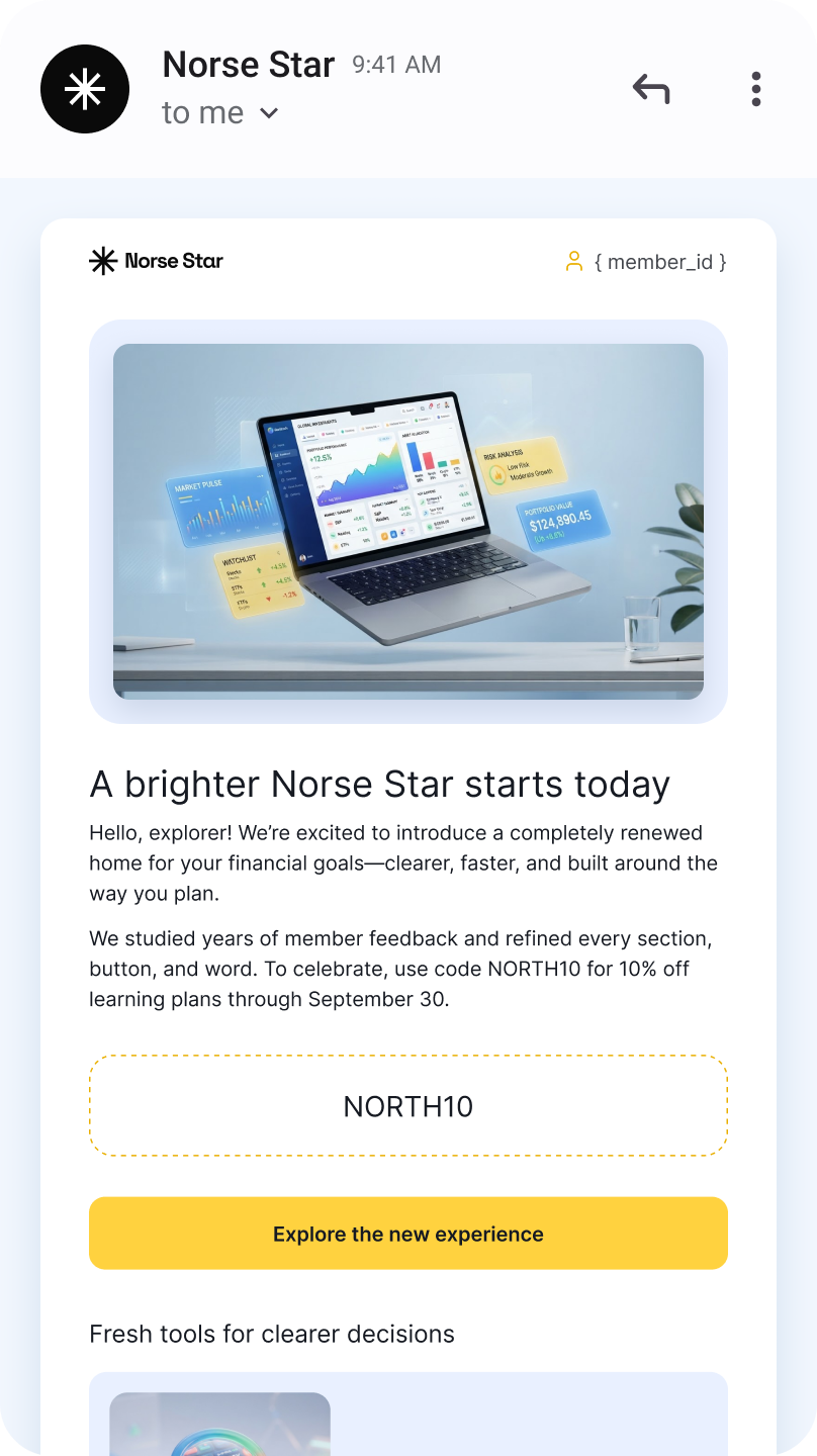 Product update announcement with a member_id merge tag and a promo code block