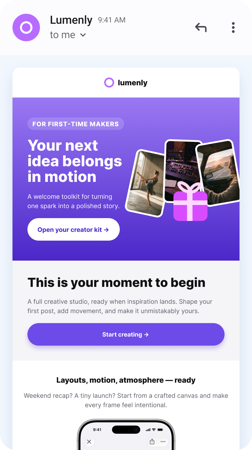 Creator onboarding welcome email with a gradient hero and start-creating CTA