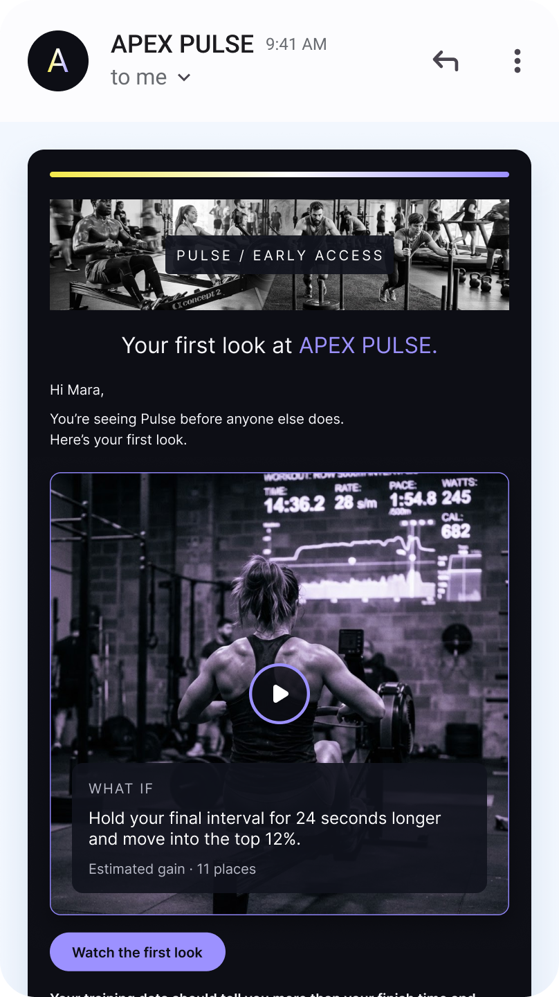 Personalized early-access fitness email with an embedded video preview